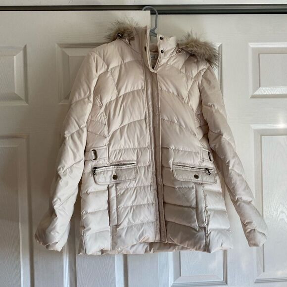 Larry Levine down medium cream puffer winter jacket coat flap pockets - Picture 2 of 8